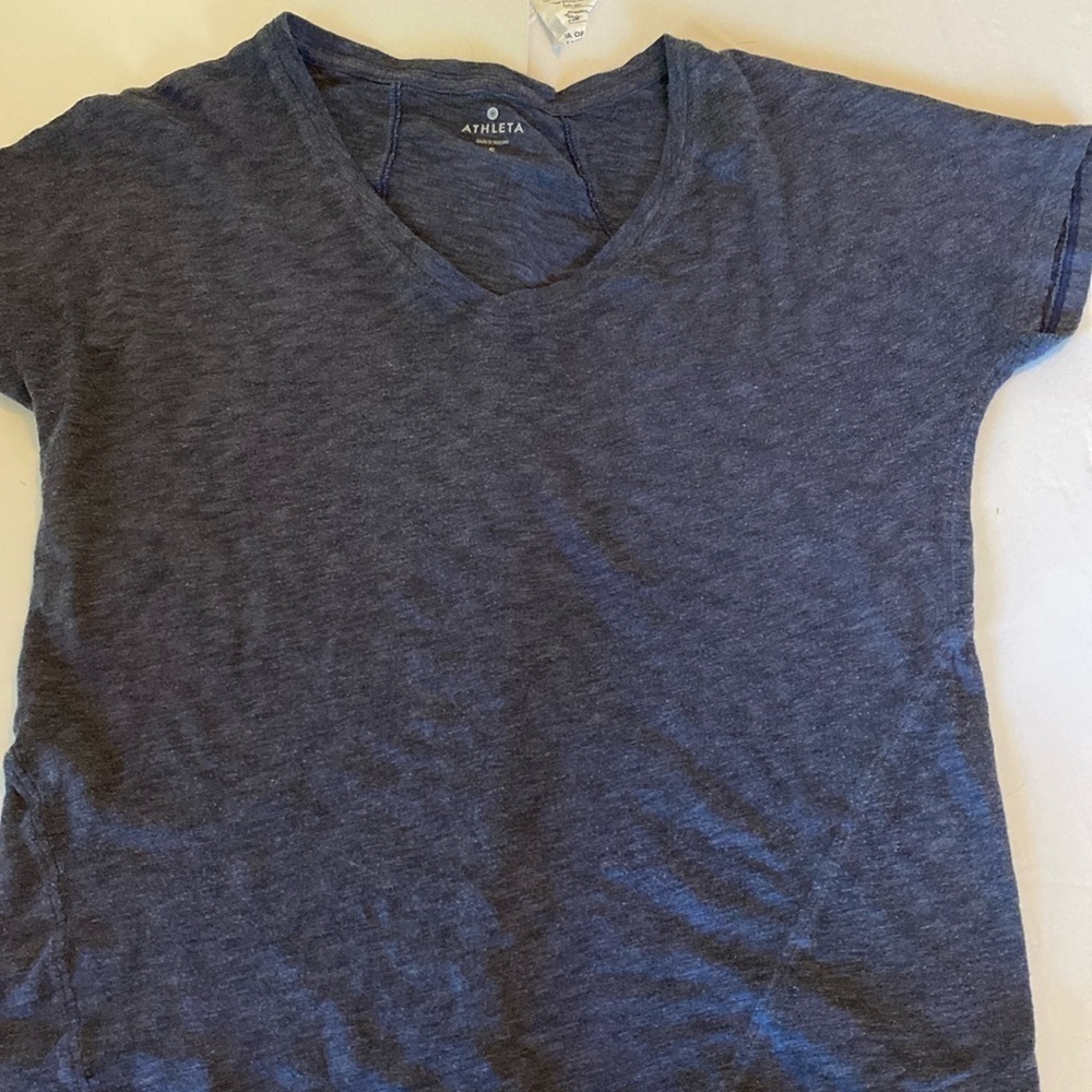 Athleta women’s T-shirt, size small, short, sleeved, gray and black V-neck